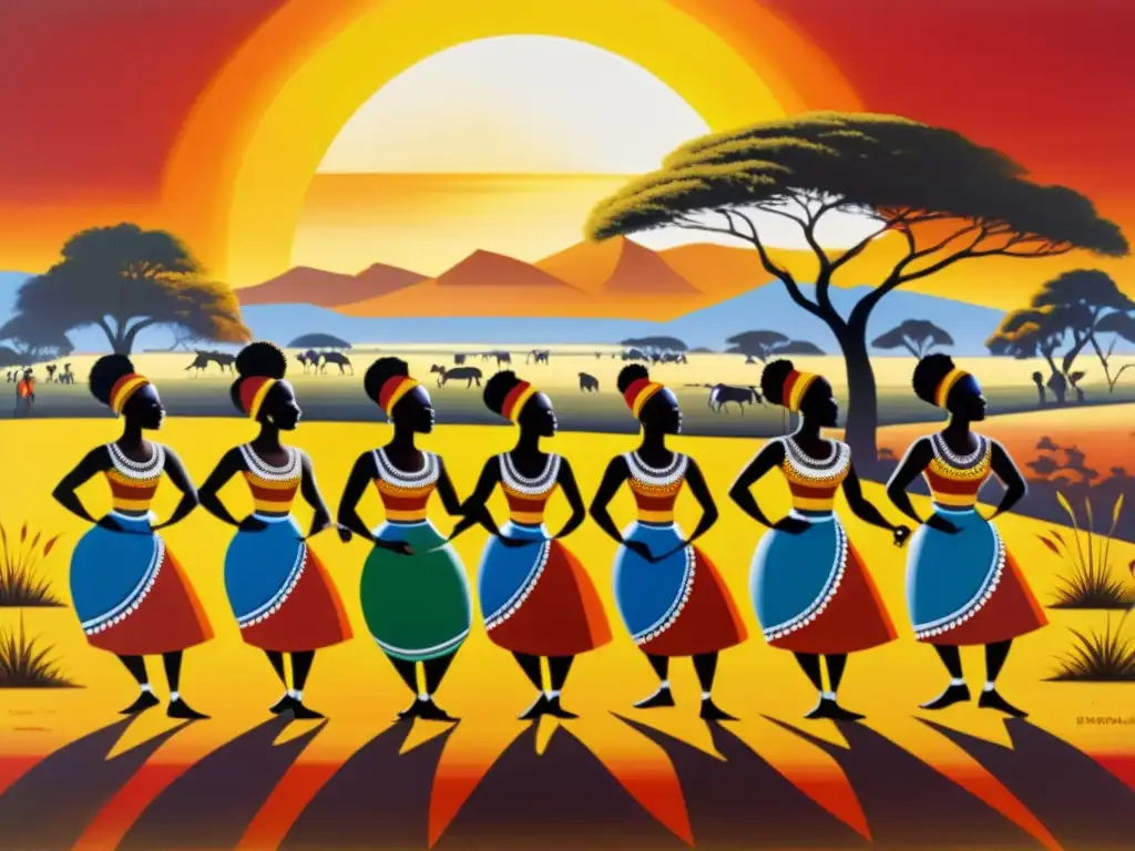 Vibrante pintura de un ritual de danza Shona en la sabana de Zimbabue, con colores, energía y reverencia