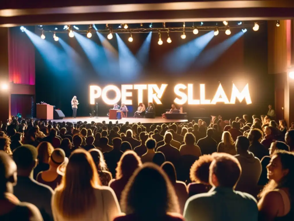 Vibrante competición de Slam Poetry mundial: poeta apasionado actúa en escenario, rodeado de audiencia expectante y ambiente acogedor