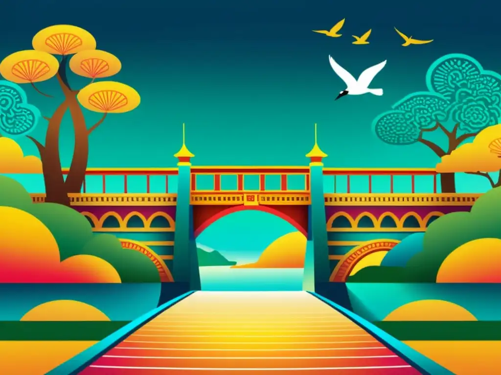 Puente poético entre Oriente y Occidente Vibrante ilustración de un puente que conecta Oriente y Occidente, evocando la poesía de Kahlil Gibran