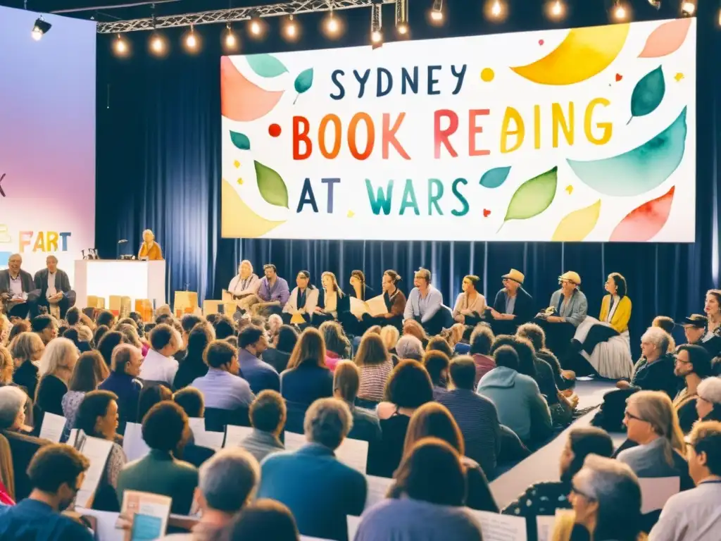 Un vibrante recital de poesía en la Feria del Libro de Sydney, donde nuevos poetas recitan bajo el cálido atardecer junto al Puente Harbour Bridge