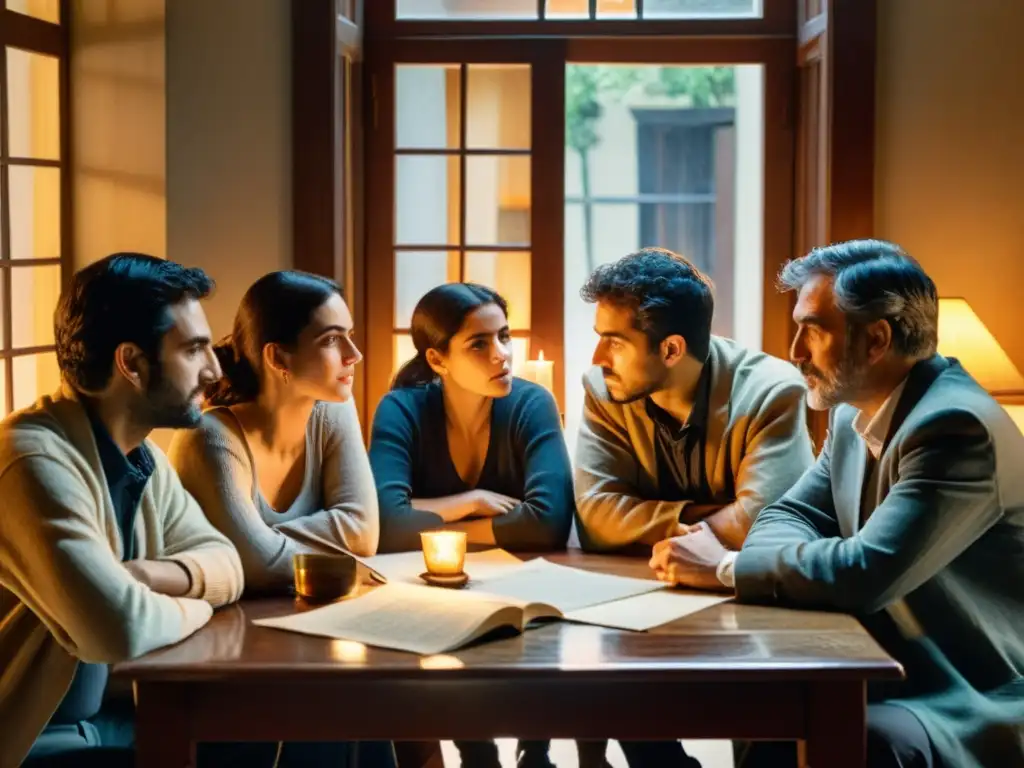 Un vibrante retrato en acuarela de poetas de la Generación del '30, reunidos en una sala tenue, discutiendo apasionadamente bajo la luz de una lámpara