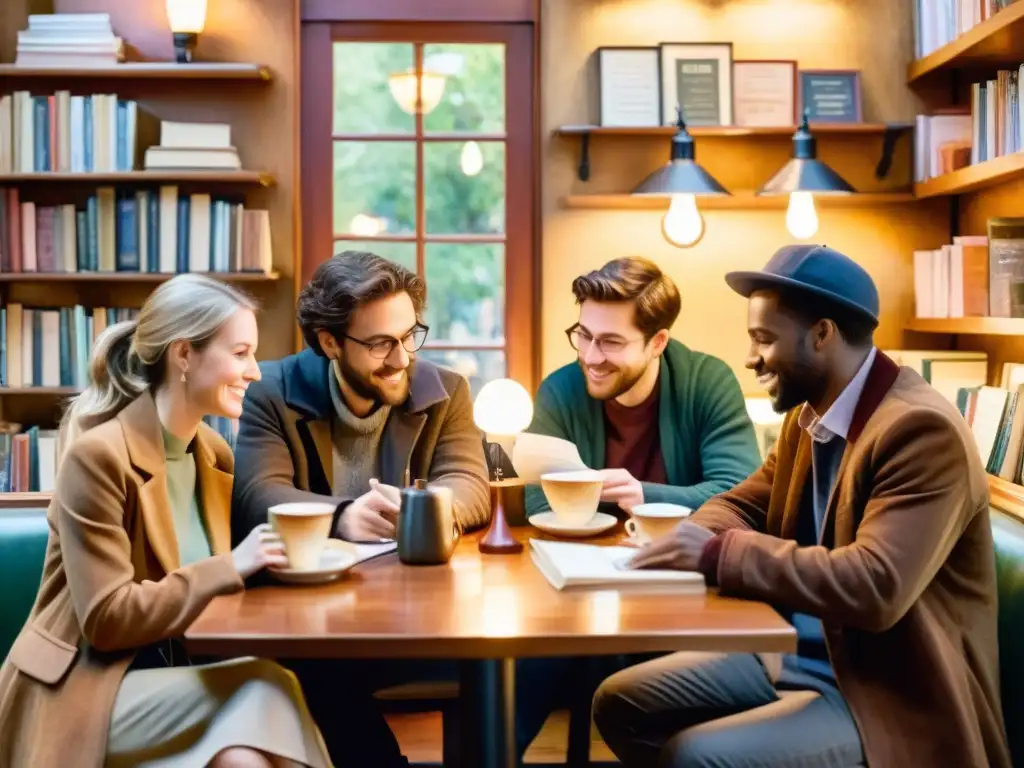 Vibrante reunión de poetas en café acogedor, compartiendo su pasión por la poesía en una atmósfera cálida y estimulante