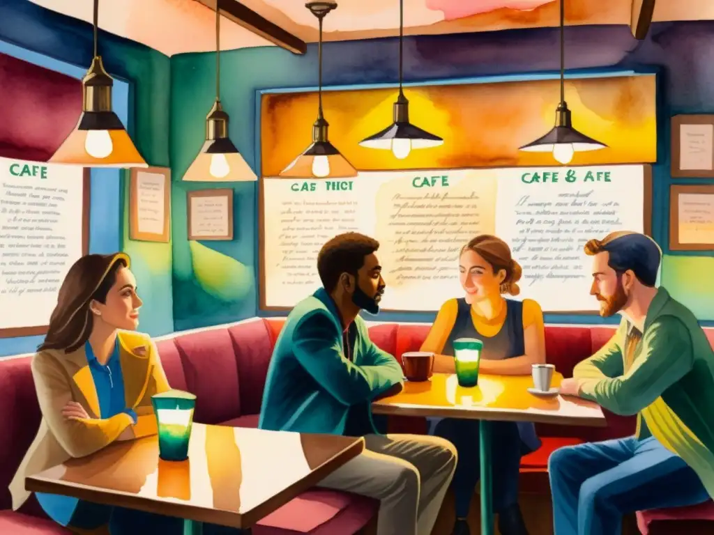 Vibrante reunión de poetas subversivos en café iluminado, expresando creatividad