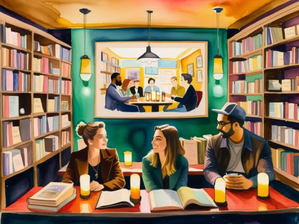 Vibrante café subterráneo de poesía, cultura beatnik e influencia literaria, con poetas y arte ecléctico