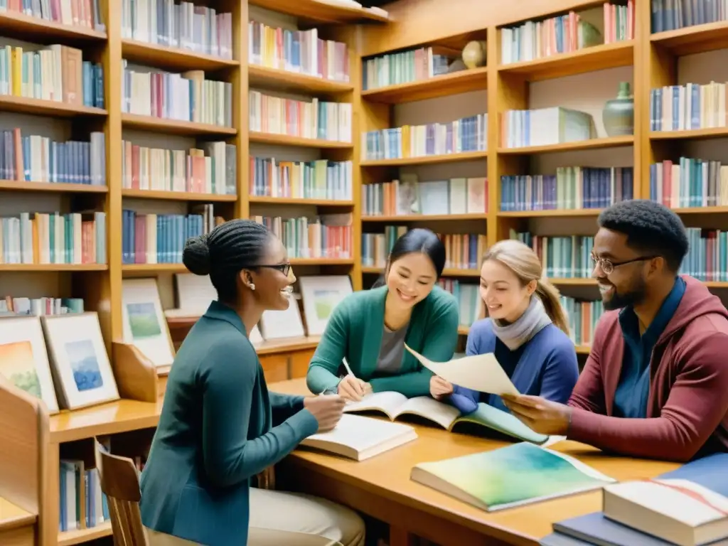 Un vibrante taller de declamación poesía irradia pasión y energía, con participantes recitando con confianza en un acogedor espacio