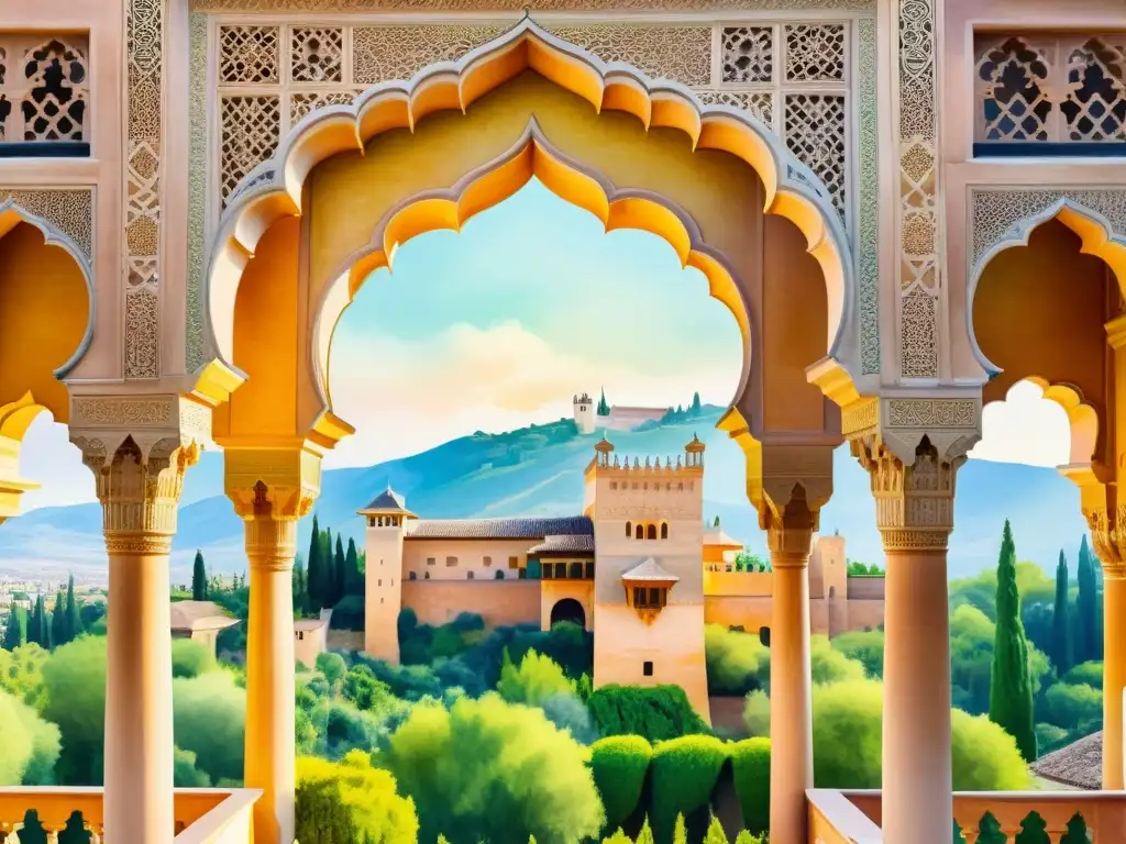 Vibrante ilustración acuarela de la Alhambra en Granada, España