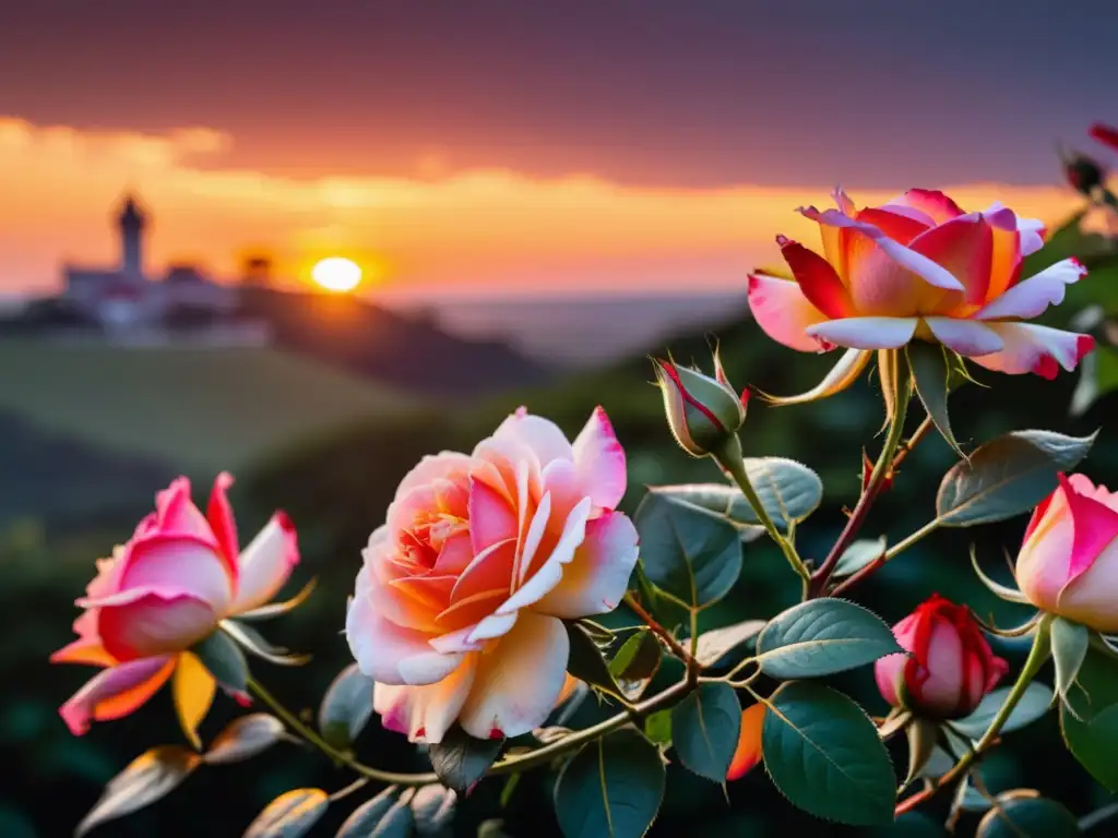 Una vid de rosa florecida con tallos entrelazados y flores rojas y rosadas, bajo un atardecer dorado