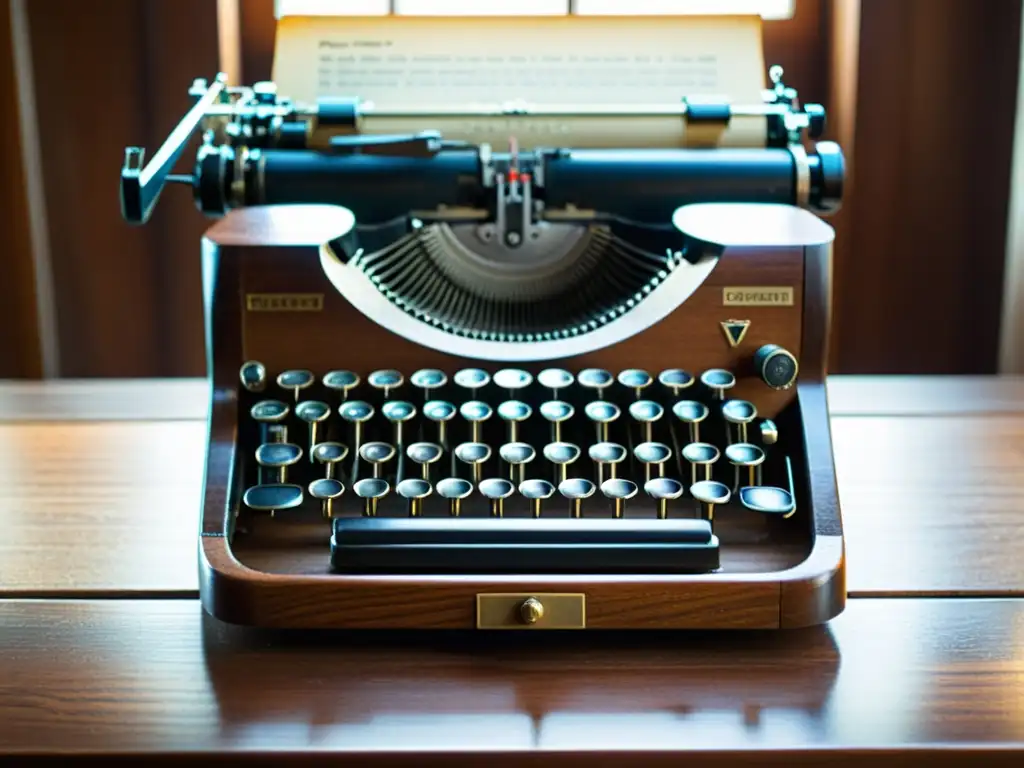 Una vieja máquina de escribir con teclas y mecanismos visibles sobre un escritorio de madera