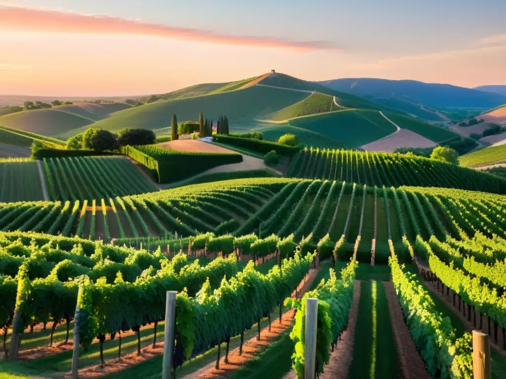 Viñedo exuberante al atardecer, con filas de viñedos bajo un cielo rosa y naranja