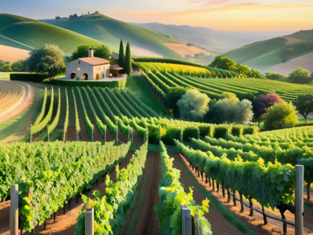 Un viñedo sereno pintado en acuarelas suaves, con vides verdes y una bodega de piedra