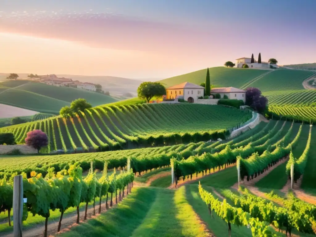 Viñedo sereno al atardecer Viñedo tranquilo al atardecer, con vides verdes bajo un cielo pastel