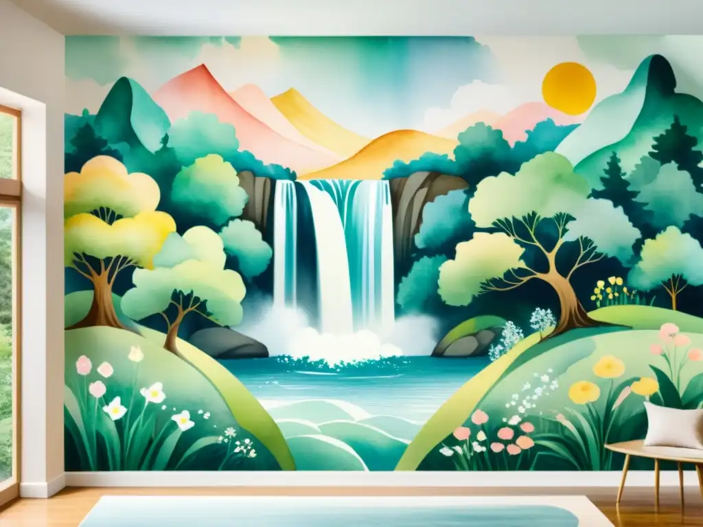 Vinilos poéticos para decorar espacios: Instalación de mural de vinilo con paisaje natural y figuras etéreas en acuarela detallada