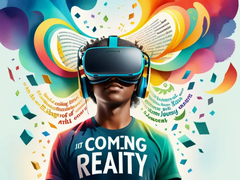 Ilustración acuarela de un visor de realidad virtual inmersiva, con colores vibrantes y detalles intrincados, mostrando a una persona rodeada de palabras y poesía