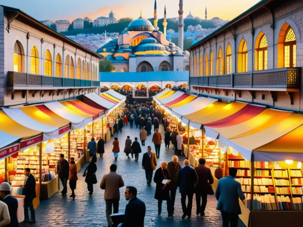 Vista acuarela Feria del Libro Estambul, con puestos de libros vibrantes y visitantes curiosos en un ambiente cultural único