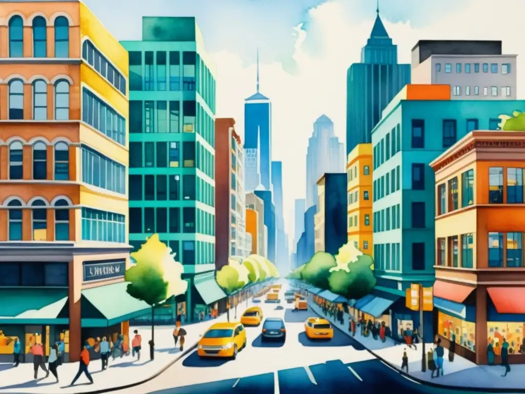 Acuarela vibrante de la ciudad: energía y movimiento Vista aérea de una animada ciudad en acuarela, que refleja la expresión sensorial en poesía concreta