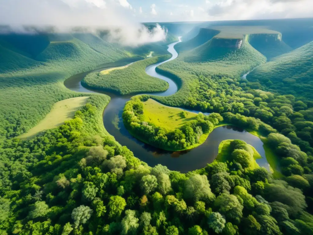 Esplendor verde: Bosque frondoso y río serpenteante Vista aérea impresionante de un exuberante bosque con río serpenteante