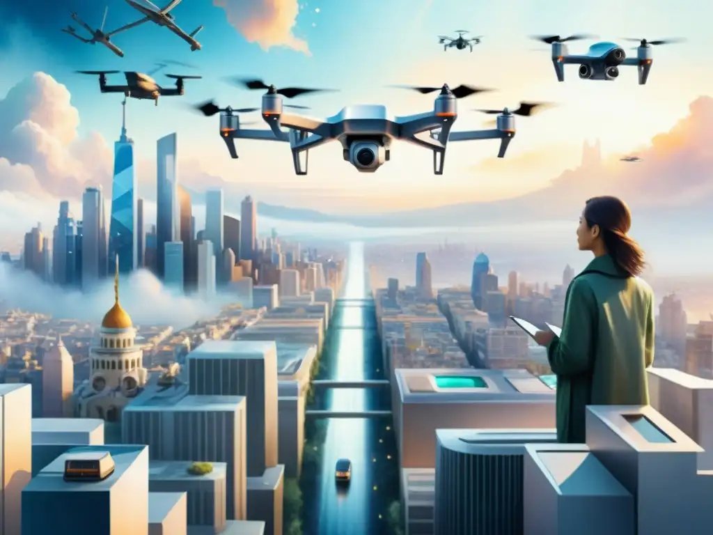 Vista de una ciudad futurista con drones escribiendo poesía en el cielo, poetas observando desde abajo