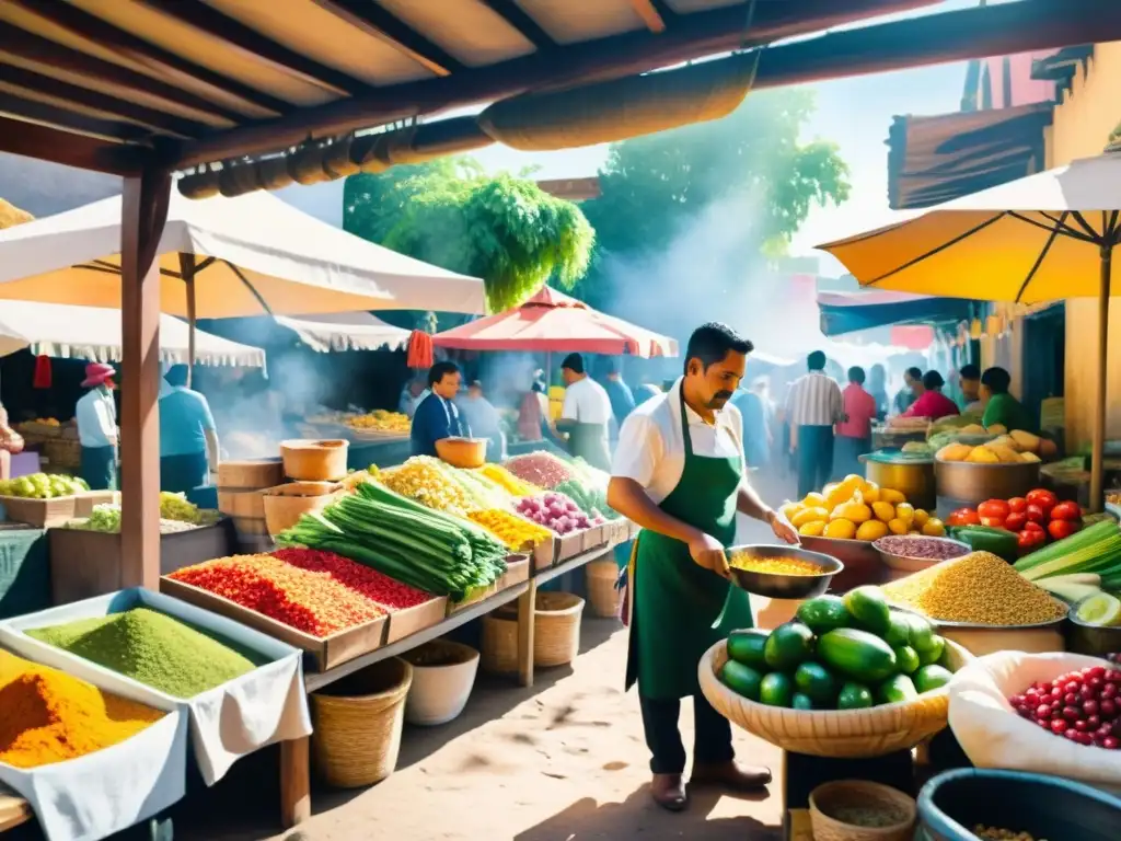 Vista detallada de un mercado mexicano con gastronomía poética en diferentes culturas, puestos de comida y gente animada