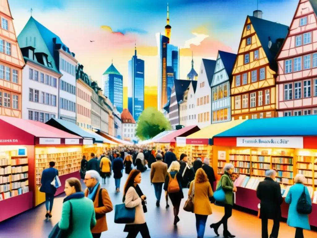 Vista de la diversidad lingüística en ferias libro: gente de diferentes culturas explorando libros coloridos en la Feria del Libro de Frankfurt
