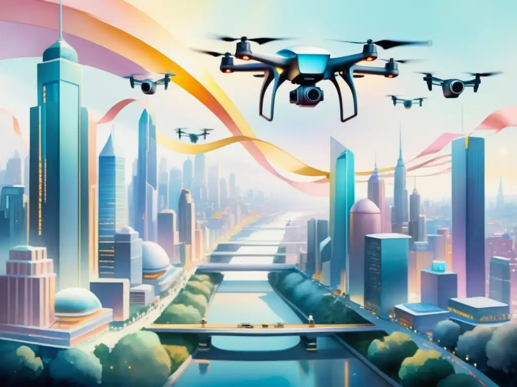 Vista futurista de la ciudad con drones poéticos distribuyendo contenido, en armonía tecnológica y belleza poética