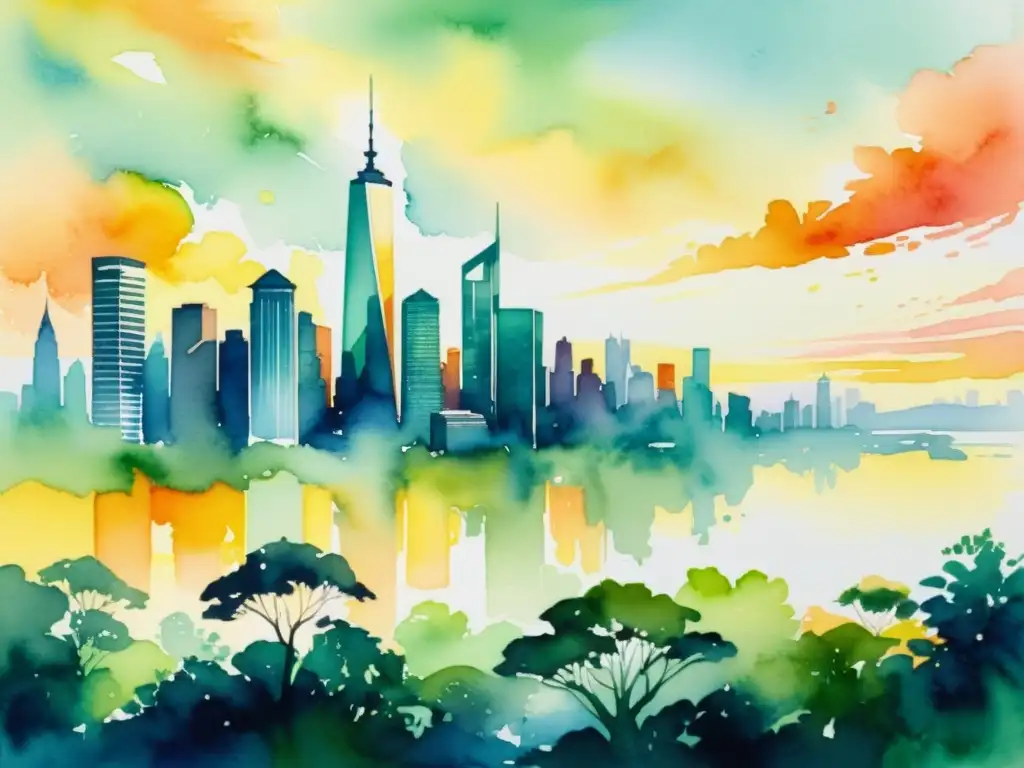 Vista impresionante de ciudad futurista en acuarela, reflejando revistas poesía formato multimedia aceptan