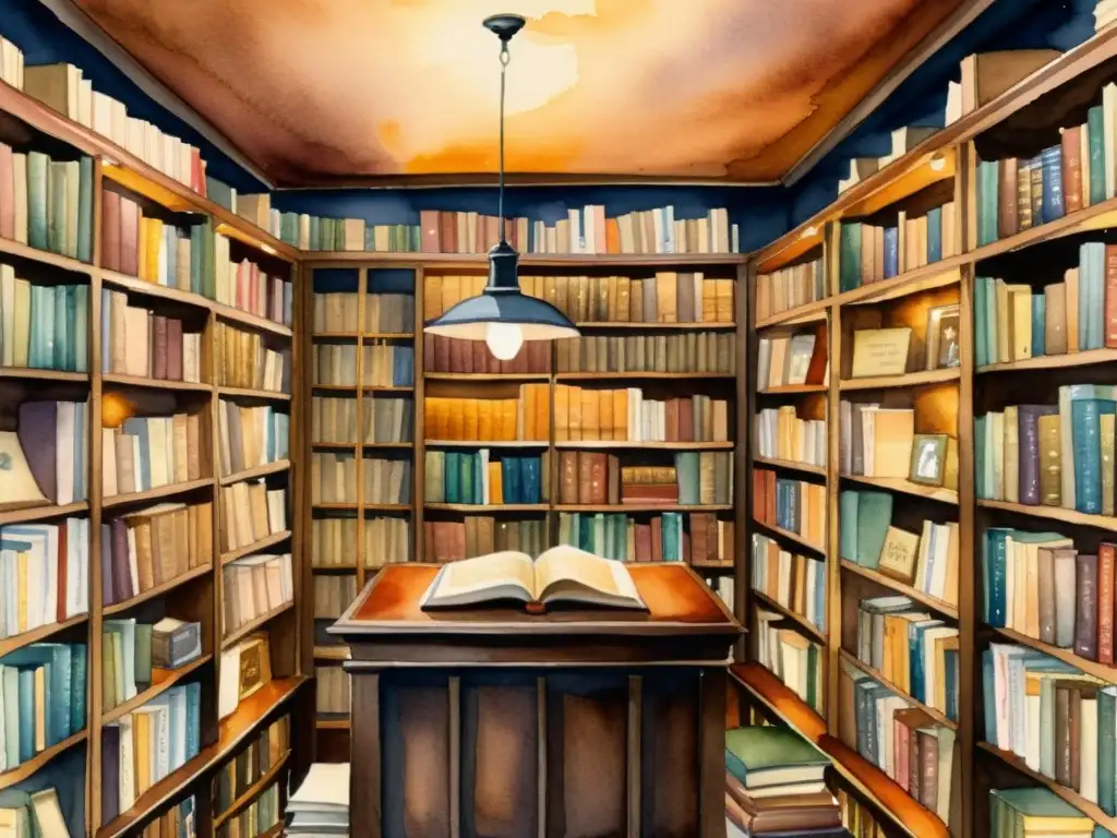 Vista interior de una acogedora librería con libros raros de poesía, iluminada por cálidas luces, en una lluviosa tarde