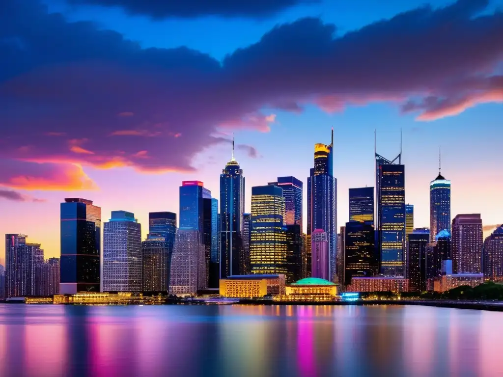 Vista nocturna de una ciudad moderna con luces de neón vibrantes, reflejadas en el agua