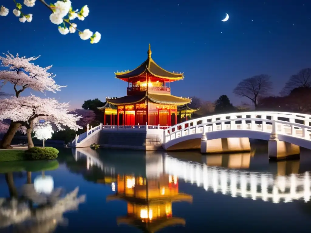 Vista nocturna serena con pagoda china, mezquita persa y puente decorado, evocando manuscritos poéticos culturas exóticas