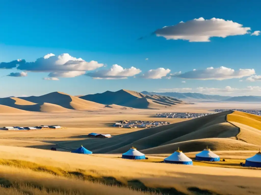 Vista panorámica de la estepa mongola con yurtas tradicionales y ciudad moderna en el horizonte, reflejando la poesía contemporánea de Mongolia