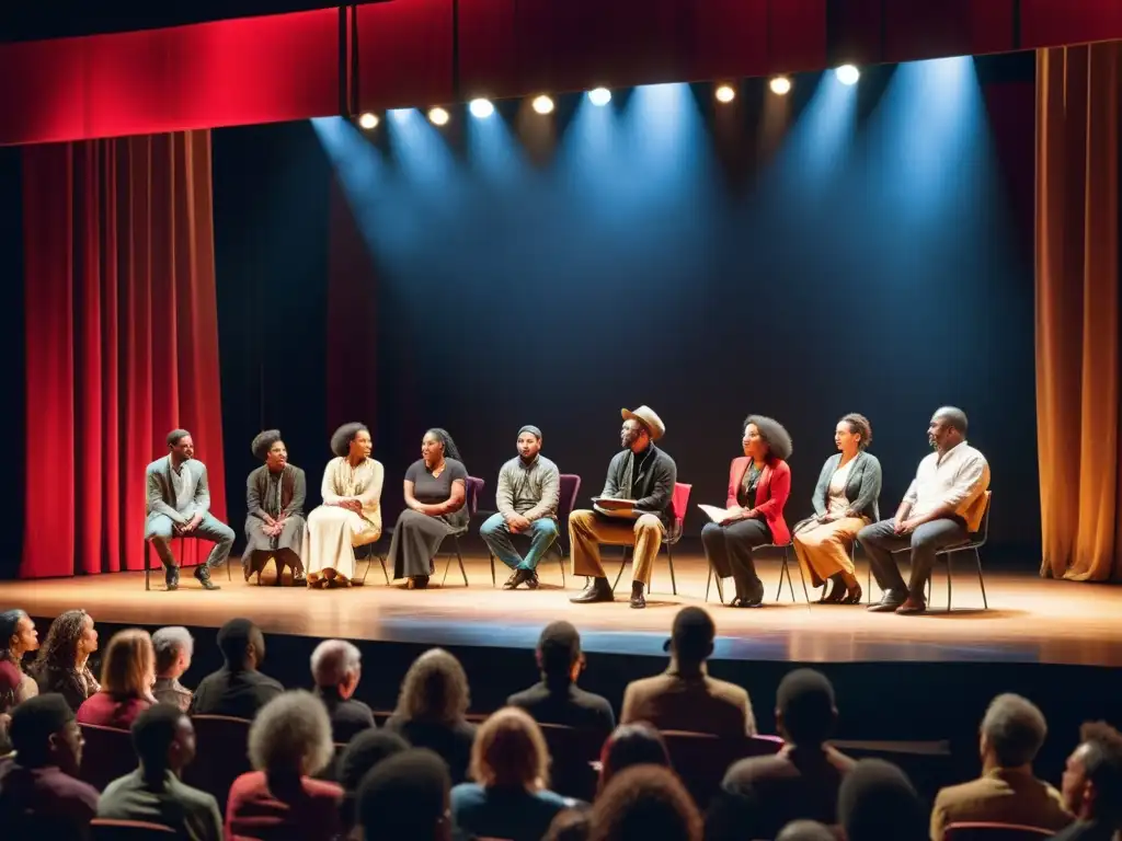 Voces contemporáneas poesía testimonio: Poetas diversos recitan apasionadamente en escenario, con expresiones intensas y público cautivado