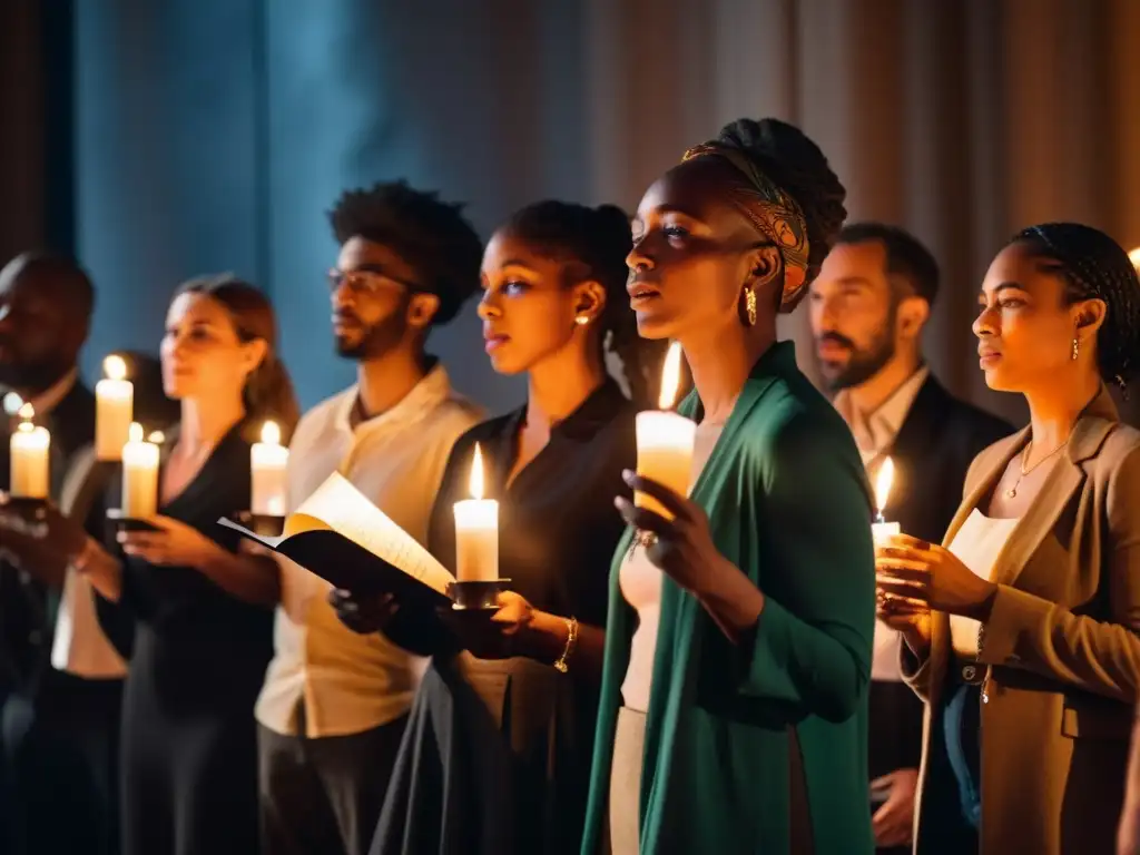 Voces contemporáneas de poesía testimonio: poetas recitan apasionadamente en un escenario iluminado por velas, creando una atmósfera cautivadora