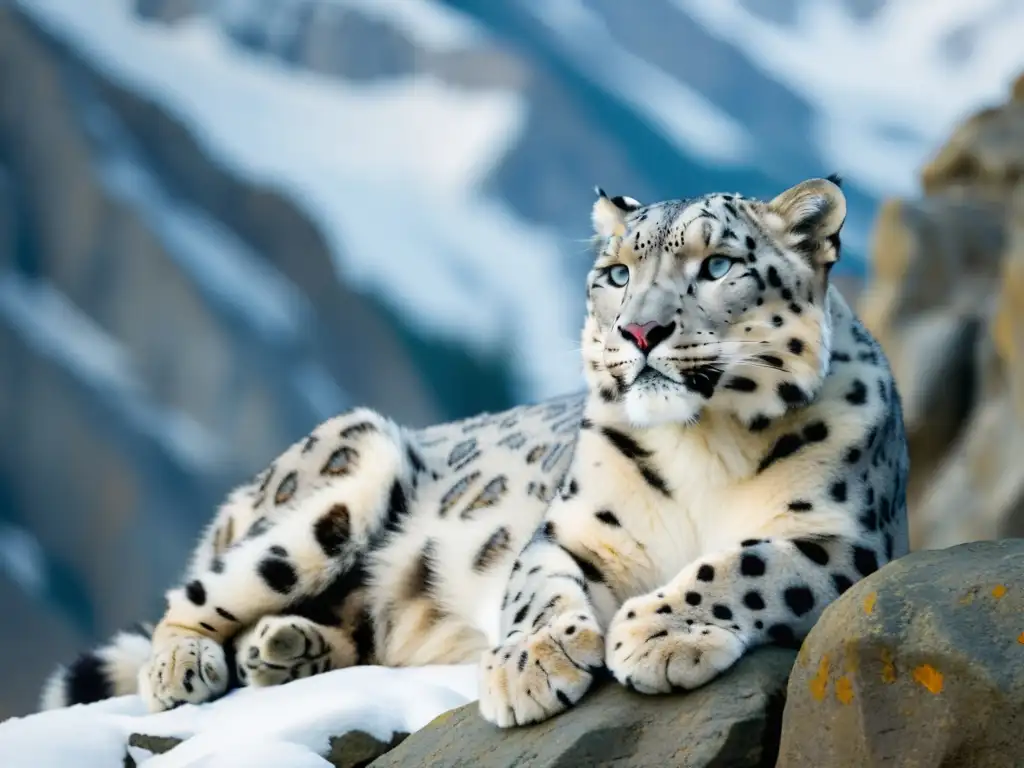 Voces en extinción en poesía: un majestuoso leopardo de las nieves descansa en un risco nevado, su mirada fija en la cámara