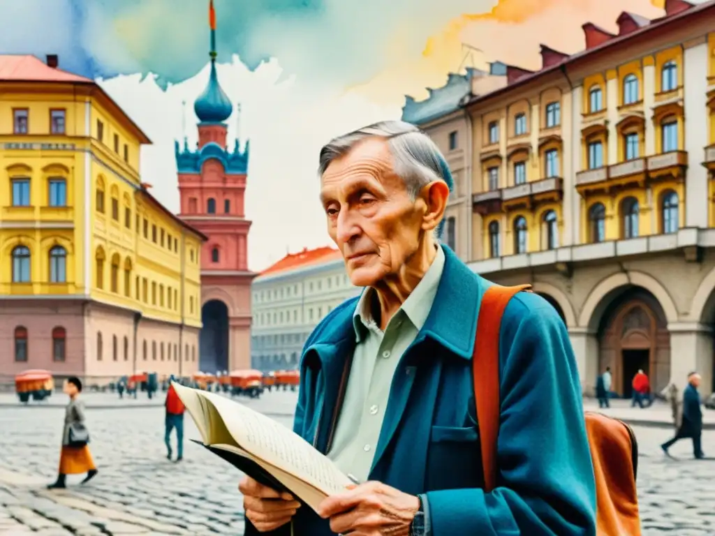 Yevgeny Yevtushenko, poeta de la disidencia soviética, en una ciudad vibrante, con expresión contemplativa y rodeado de versos en el aire