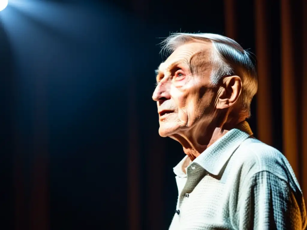 Yevgeny Yevtushenko poeta disidente soviético recita apasionadamente poesía en un escenario, con una única luz iluminándolo